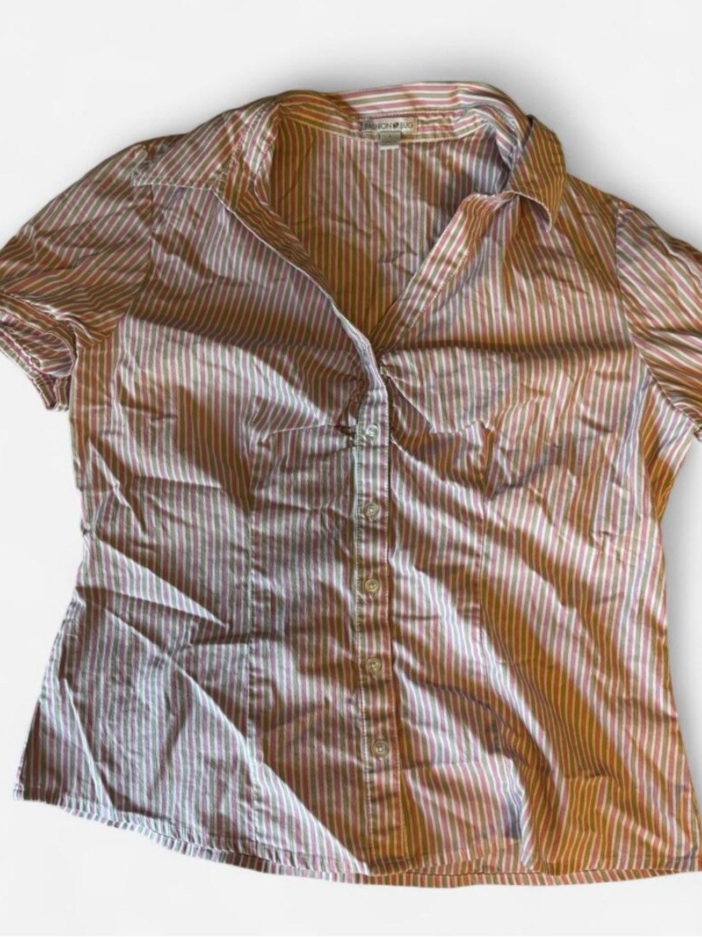 Vintage Women’s Short-Sleeve Striped Button-Down Shirt - Pink/White/Green